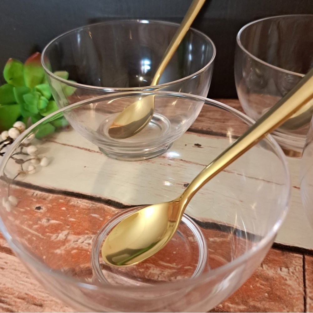 Dessert bowls & spoons 4 dessert or condiments bowls w/gold spoons. Bare…